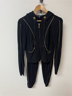 bebe Black & Gold Zip Hoodie Jogger Set. Top size L, Bottom size M
